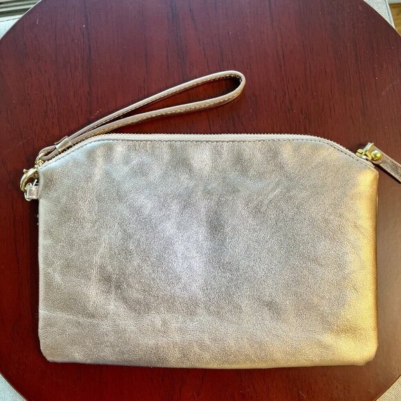 Lodis Leather wristlet in Metallic Rose Gold  Zip Top Close - Picture 2 of 8
